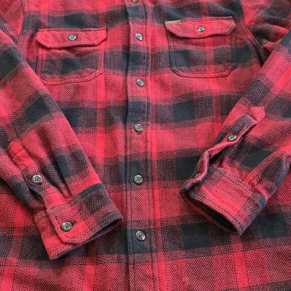 Orvis Shirt Jacket Mens M Buffalo Plaid Flannel Red Black Buttons Pockets Chore - Picture 10 of 15